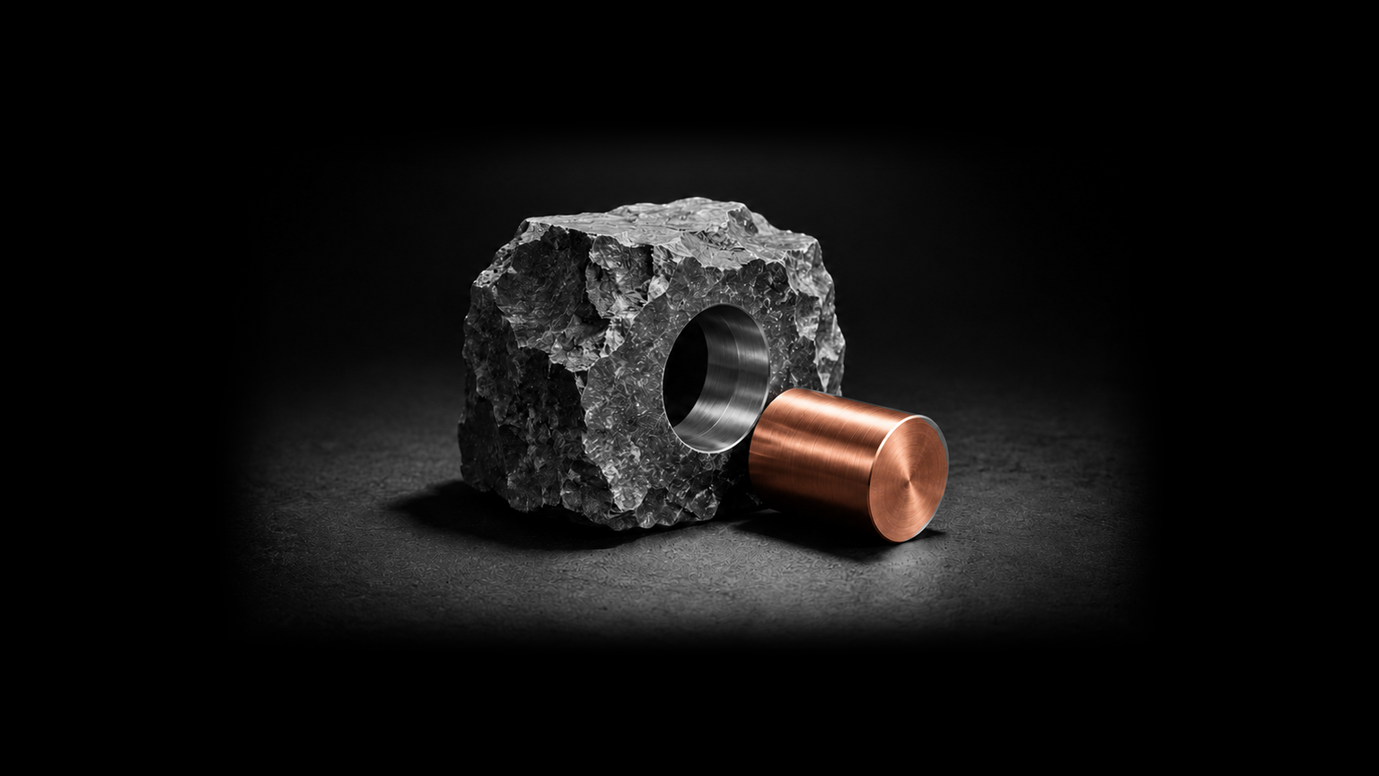 A precision metal plug sits beside a polished bore in a rough stone block.