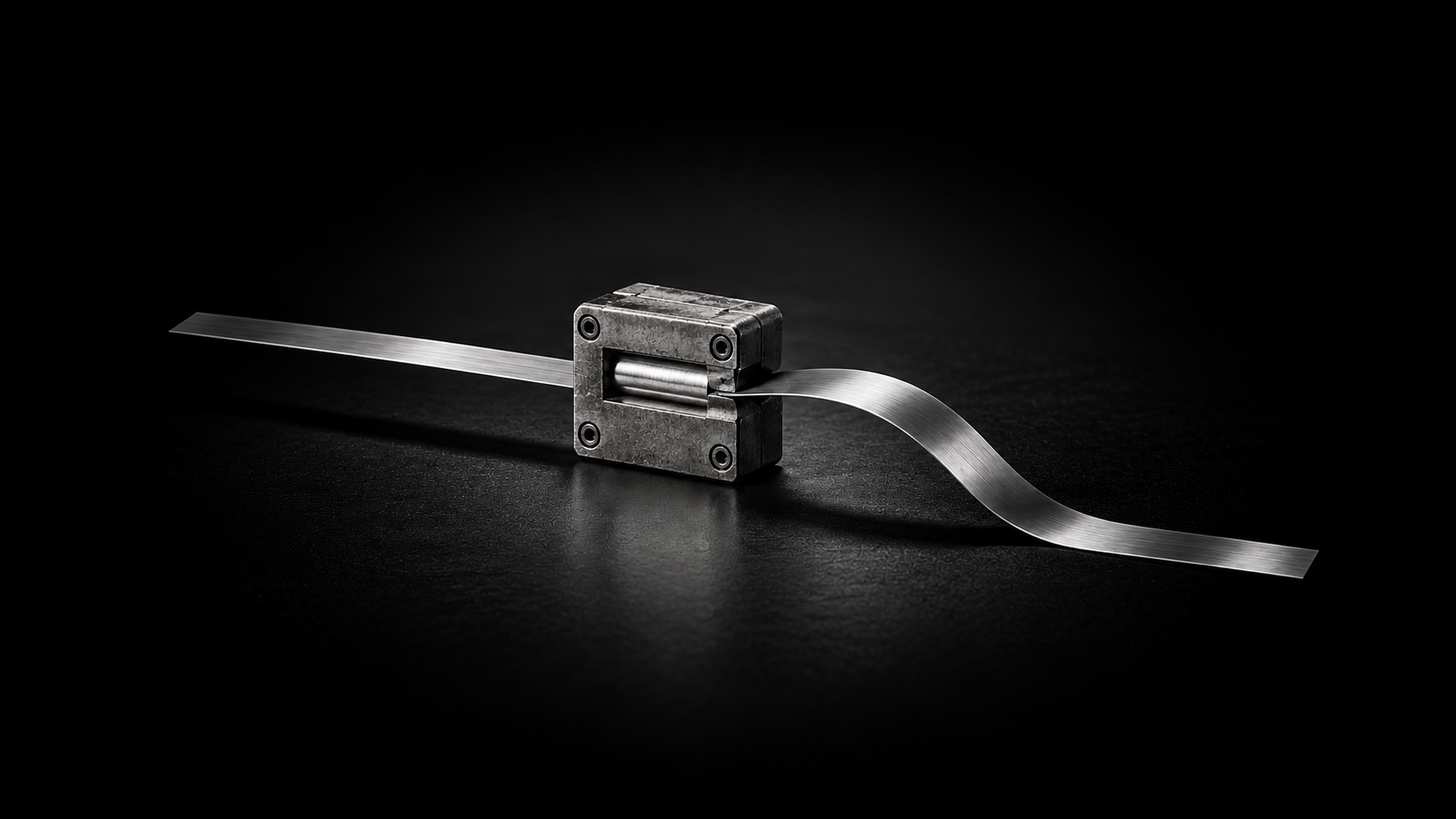 A steel ribbon runs straight through a precision guide, then curves as it emerges.