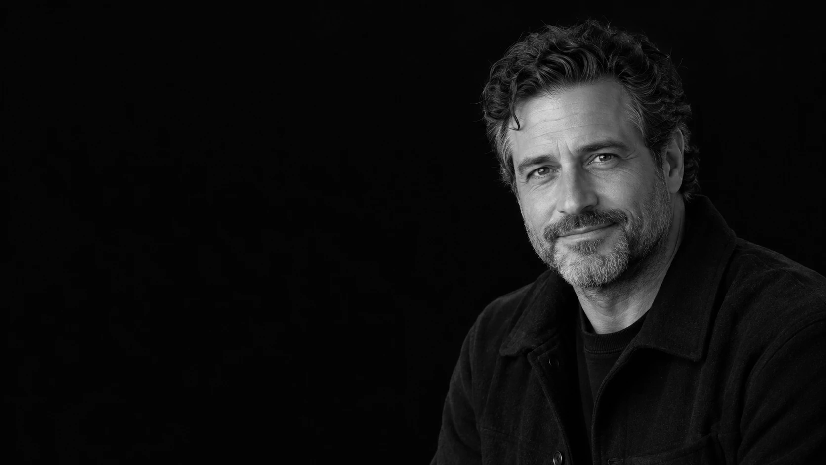 Studio portrait of an advisor in a black overshirt, looking toward the viewer.