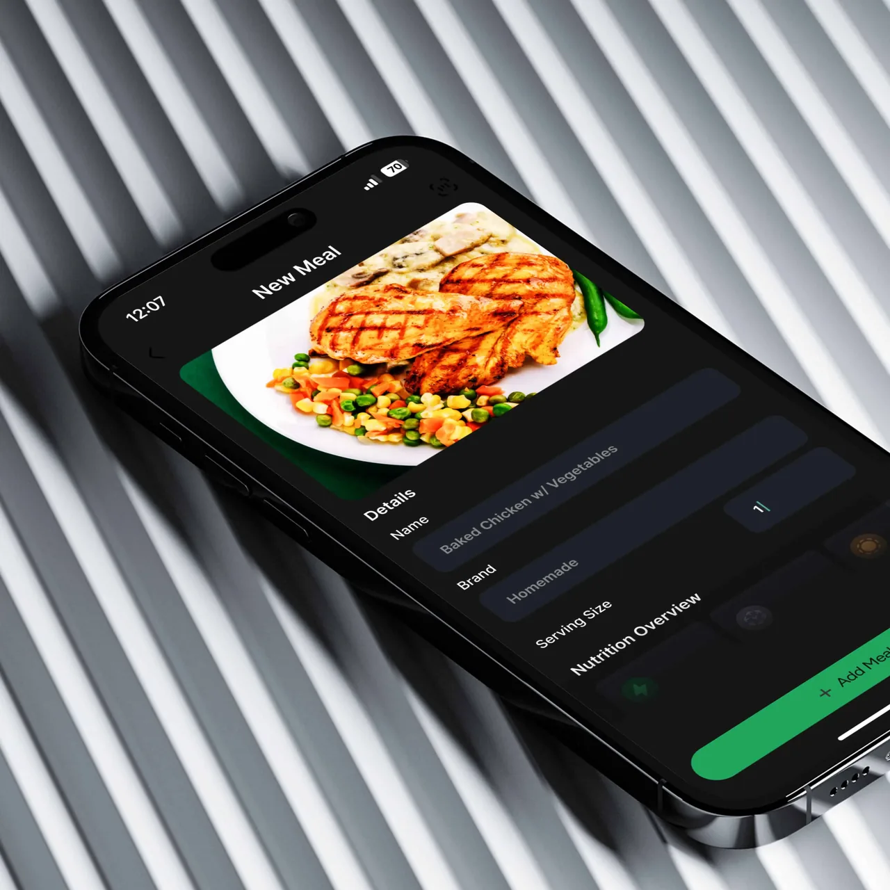 iPhone 15 showing an AI-powered meal logging app with grilled chicken and vegetables entry.
