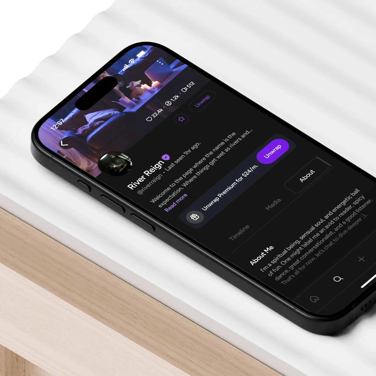 iPhone 15 displaying a dark-themed social profile with premium subscription and user stats.