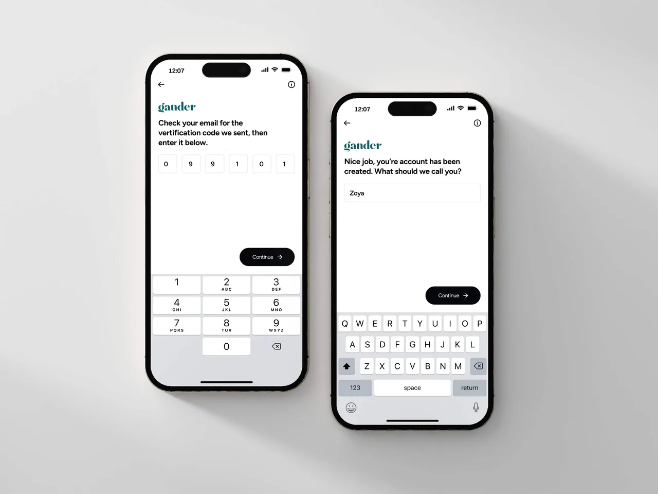 Two iPhone 16s showing the Gander app screens for entering a verification code and creating a user name.