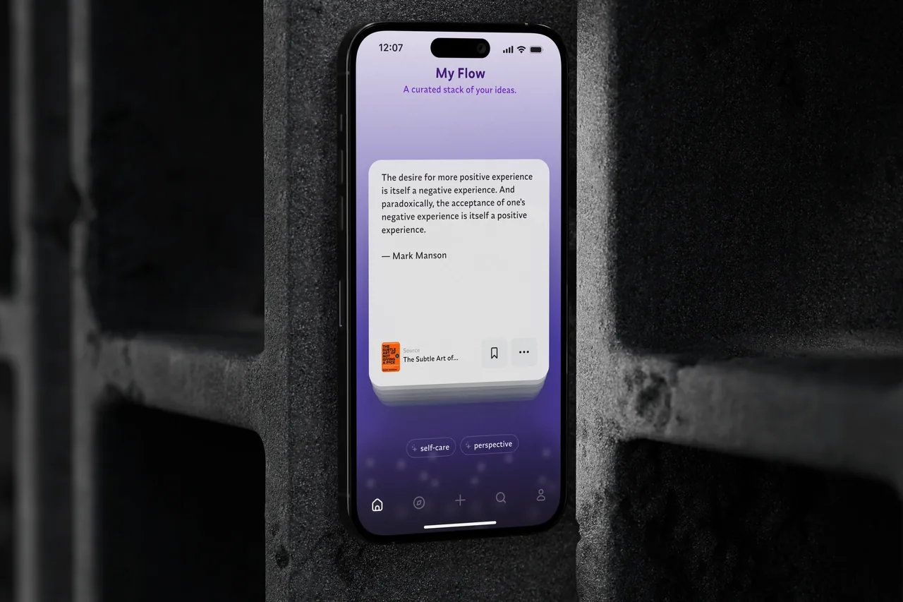 iPhone 16 displaying Napkin app "My Flow" with a quote card on top of card stack against a purple gradient background.