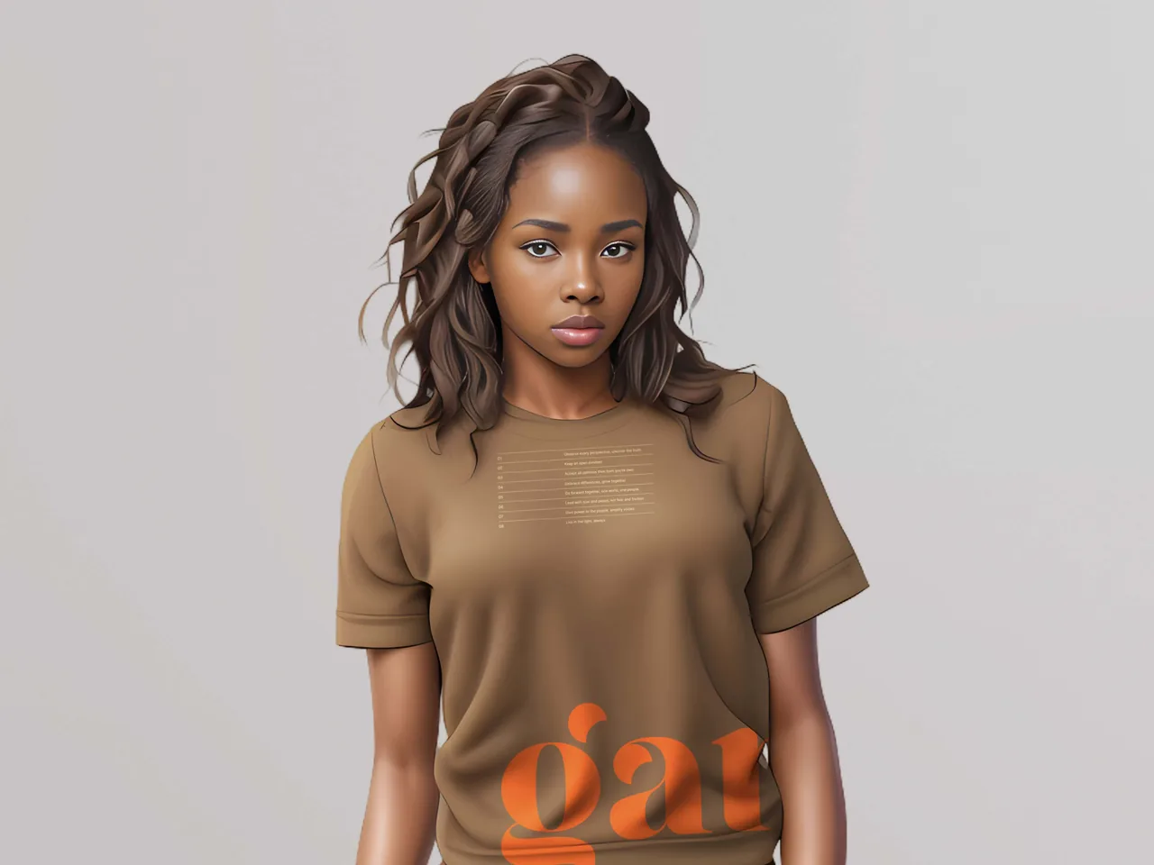 A young woman with braided hair wearing a Khaki Brown t-shirt with a wraparound Gander logo in orange on here right waist side.