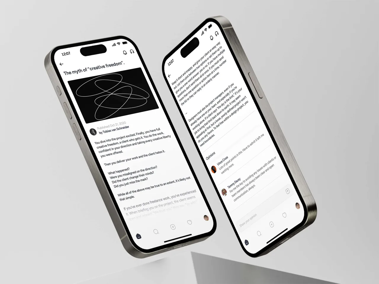 Two iPhone 16s displaying the Gander app showing an minimalist article reader view and user comments.