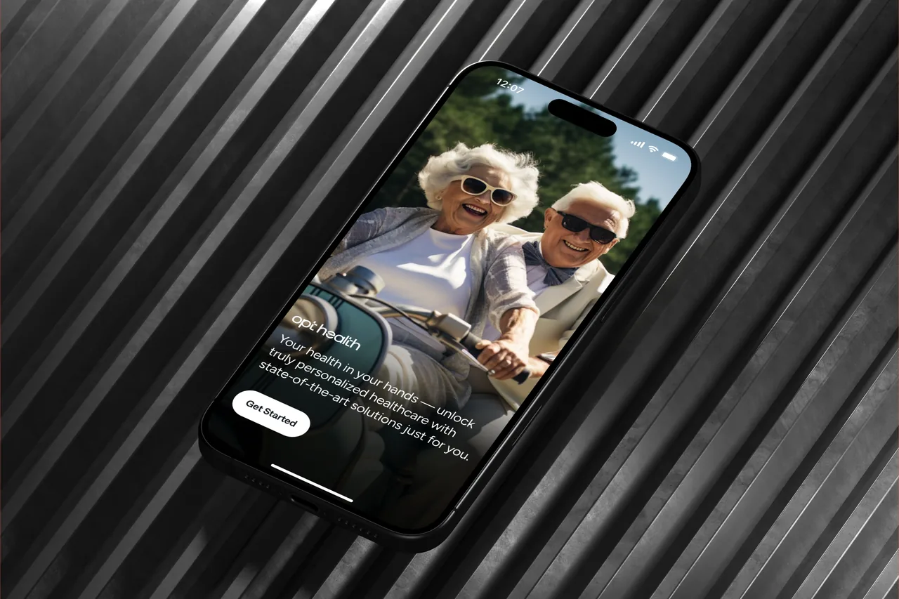 iPhone 16 "Launch Screen" showing Opt Health app with smiling older couple on scooter and a Get Started button.