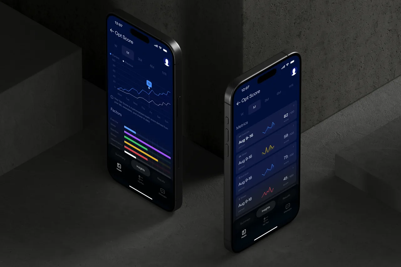 Two iPhone 16s displaying the Opt Health app showing personalized health factor scores and metrics.