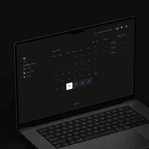 M3 MacBook Pro displaying a dark-themed calendar scheduling app with a scheduled video call.