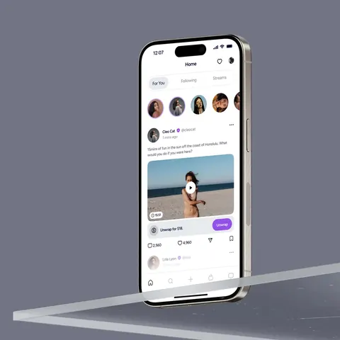 iPhone 15 displaying a social media app feed with video content and user interactions.