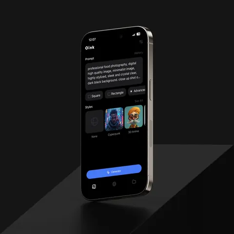 iPhone 16 floating over a dark surface displaying an AI image generation app interface powered by GPT-4o, Flux, Midjourney, and Imagen 3.