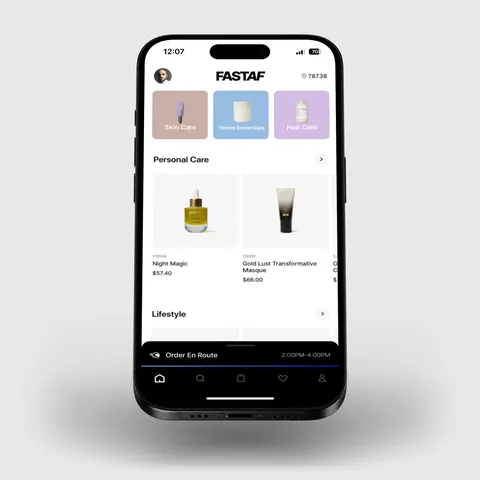 iPhone 15 showing FASTAF app with personal care products and order status "Order En Route" for 2-hr delivery.