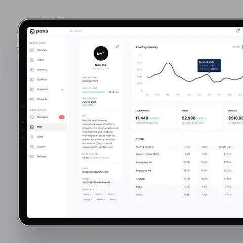 iPad Pro screen showing a business dashboard with Nike earnings, customers, sales, and traffic data.