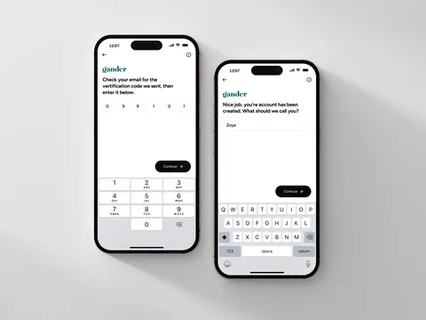 Two iPhone 16s showing the Gander app screens for entering a verification code and creating a user name.