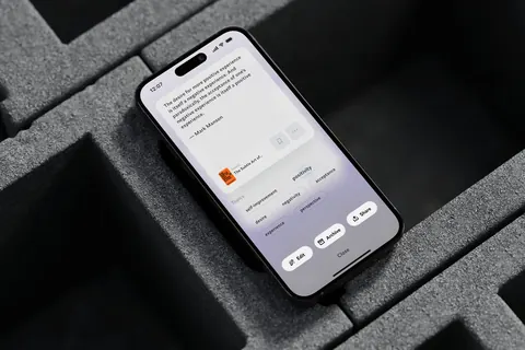 iPhone 16 displaying the Napkin app with a quote by Mark Manson, topic tags and edit, archive, share action options.