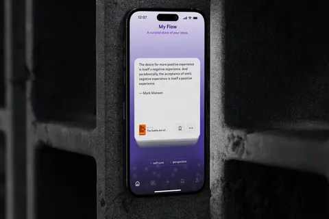 iPhone 16 displaying Napkin app "My Flow" with a quote card on top of card stack against a purple gradient background.