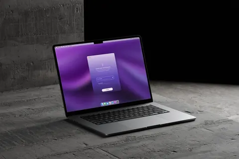 A M4 Macbook Pro on a concrete surface displays the Napkin App start screen with a purple gradient background.