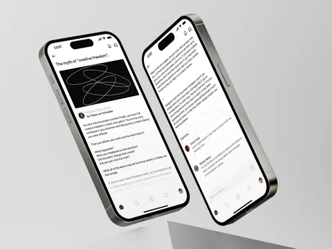 Two iPhone 16s displaying the Gander app showing an minimalist article reader view and user comments.