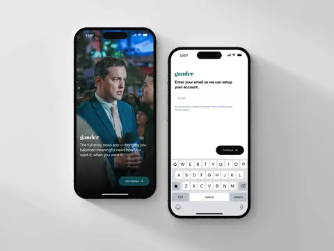 Two iPhone 16s displaying the Gander news app; one shows the launch screen featuring a reporter background video with a Get Started button, the other an email signup form.