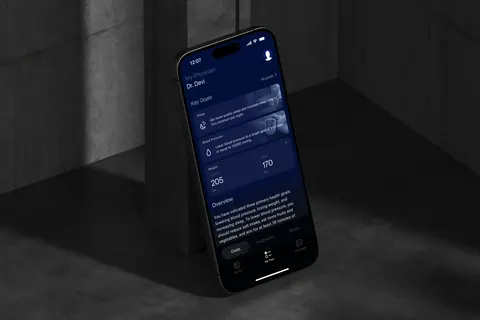 iPhone 16 displaying Opt Health app with personalized health goals for sleep, blood pressure, and weight.