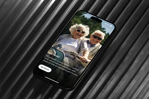 iPhone 16 "Launch Screen" showing Opt Health app with smiling older couple on scooter and a Get Started button.