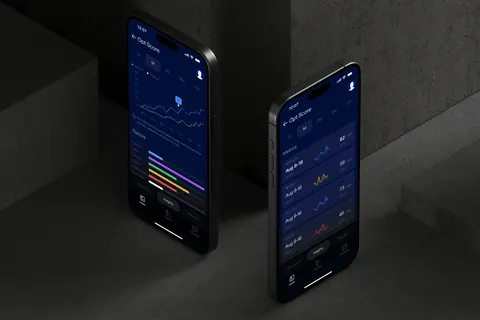 Two iPhone 16s displaying the Opt Health app showing personalized health factor scores and metrics.
