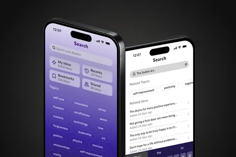Two iPhone 16s displaying the Napkin app’s search interface with idea categories and related search results.
