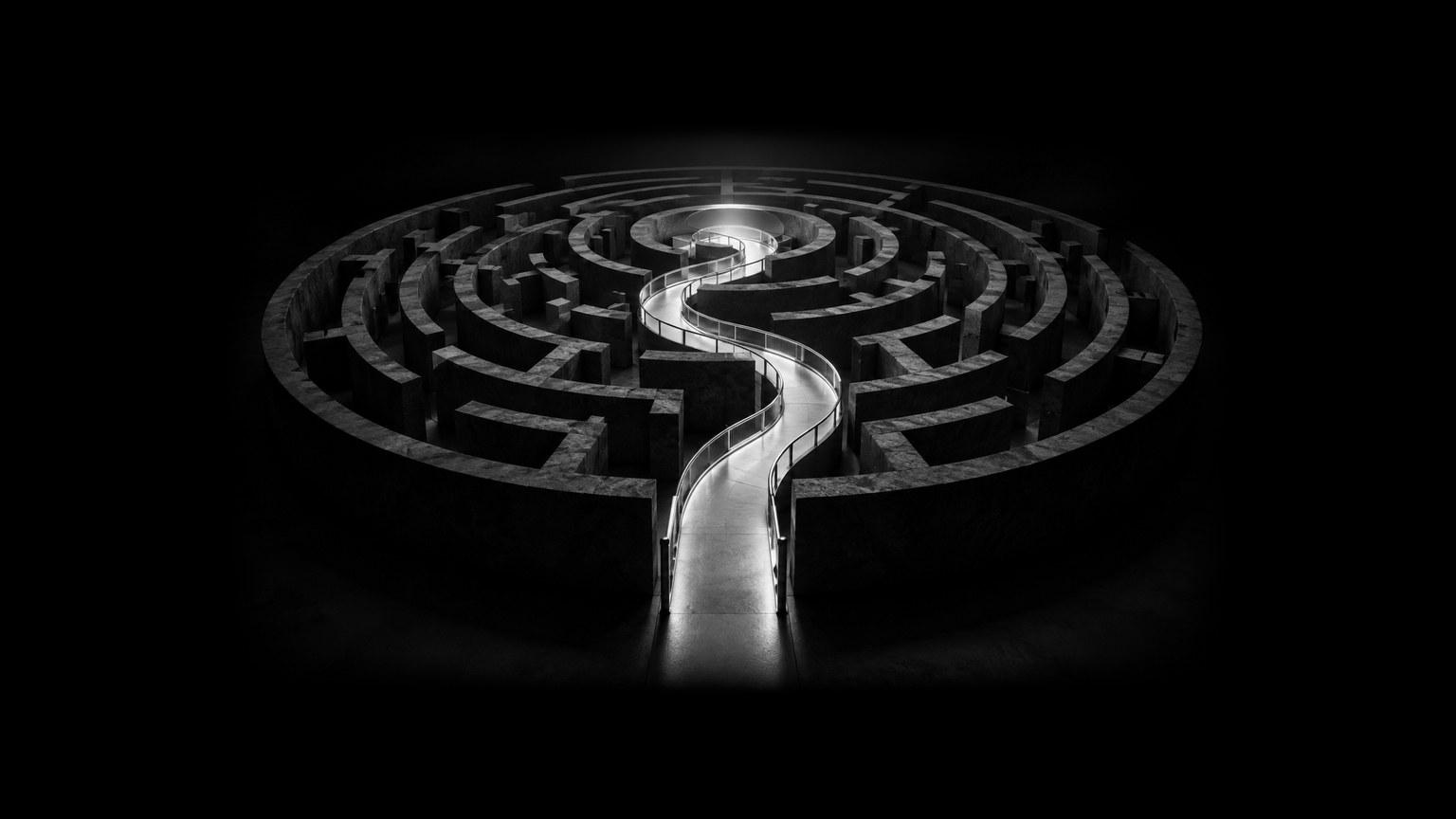 A brightly lit, winding bridge through a maze, symbolizing the journey to connect with user needs.
