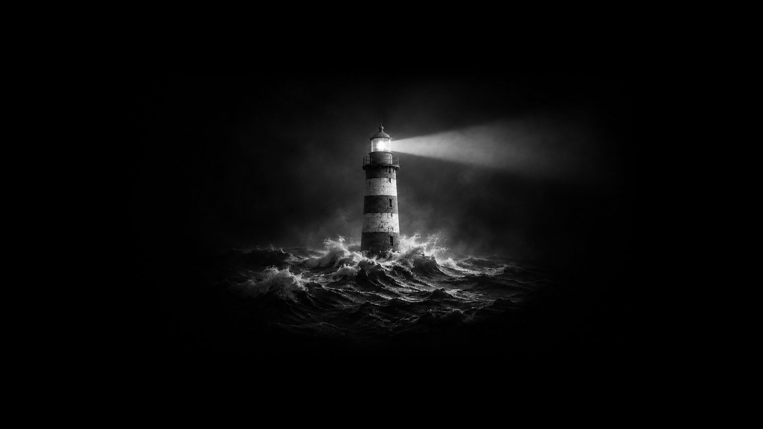 A striped lighthouse stands half-submerged among turbulent, black-and-gray waves, while a single lighthouse light beam cuts across the sky.