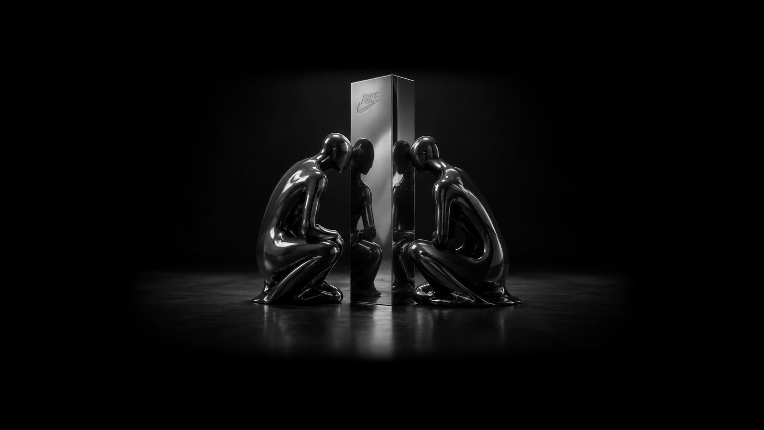 Two abstract figures their reflections reflected in a perfectly, engraved "Nike" branded tall rectangular object, symbolizing personal identity and mirrored tribal belonging.