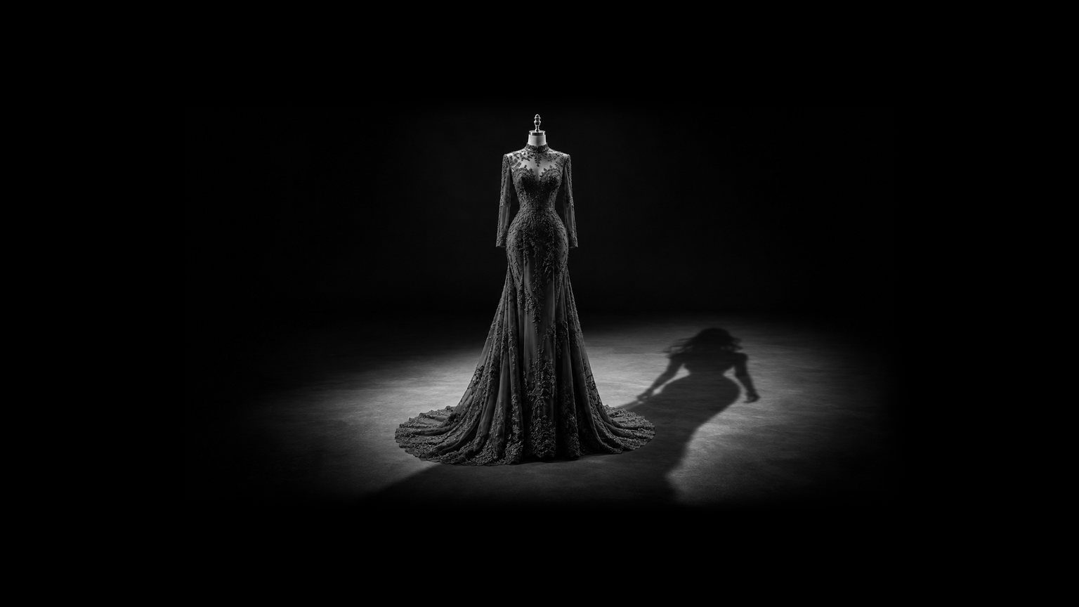 An intricate, beautifully tailored hyper-detailed, empty, feminine provocative costume on a stand, casting a shadow that takes the form of a full human woman silhouette.