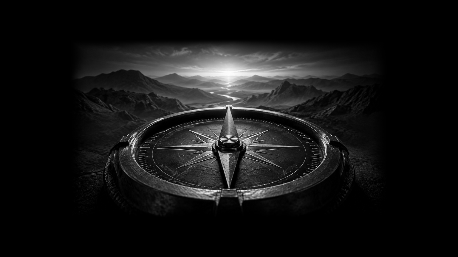 A single, stylized compass needle pointing towards an obscured landscape horizon.