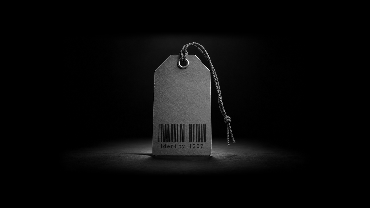 A single, elegant price tag with the text "identity 1207" subtly embedded as the barcodes numerical value.
