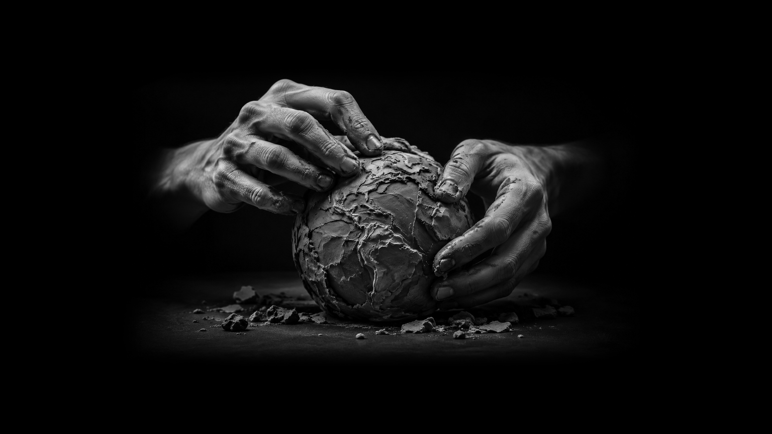 Two hyper-realistic hands, scuplting a world, made of a malleable dough like substance reshaping it, dramatic shadows, scene centered in fame.